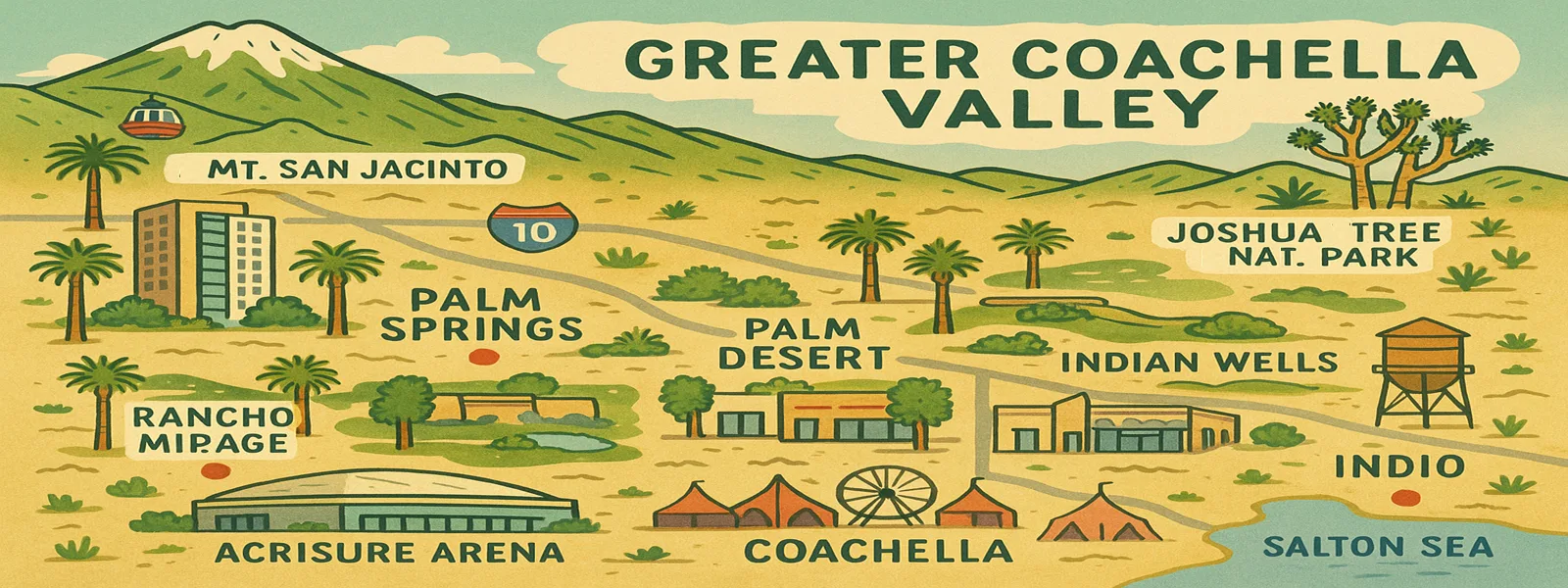 Coachella Valley map showing breakfast spots from Palm Springs to Coachella